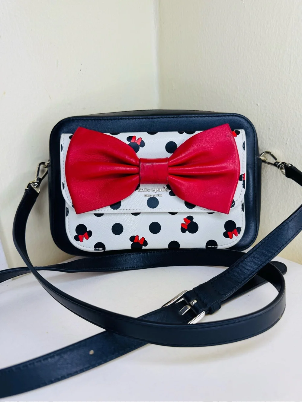 Dkny Black and White Polka Dot Crossbody with Red Bow Accent
